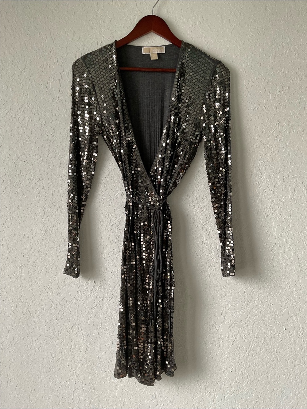 Michael Kors Charcoal Sequin Wrap Dress with Tie Waist